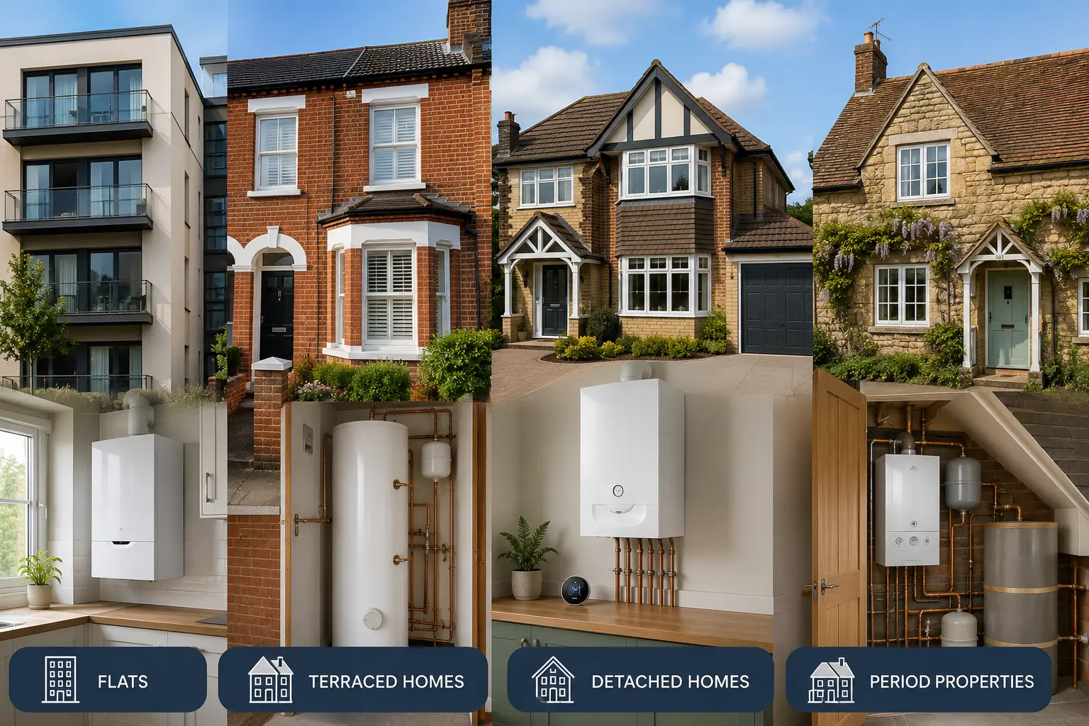 an editorial-style comparison image showing different UK home types alongside the heating systems that typically suit them