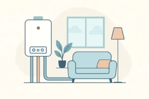 boiler in a living room next to sofa