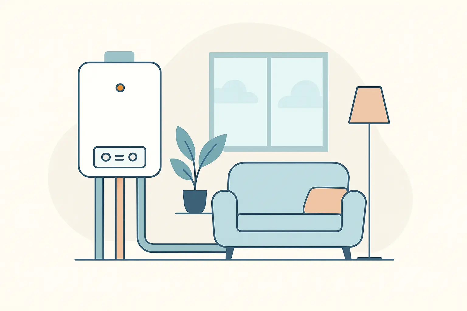 boiler in a living room next to sofa