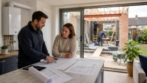 a heating engineer discussing boiler capacity with a homeowner while a rear extension is being built, helping illustrate why it's worth assessing your heating system during an extension project.