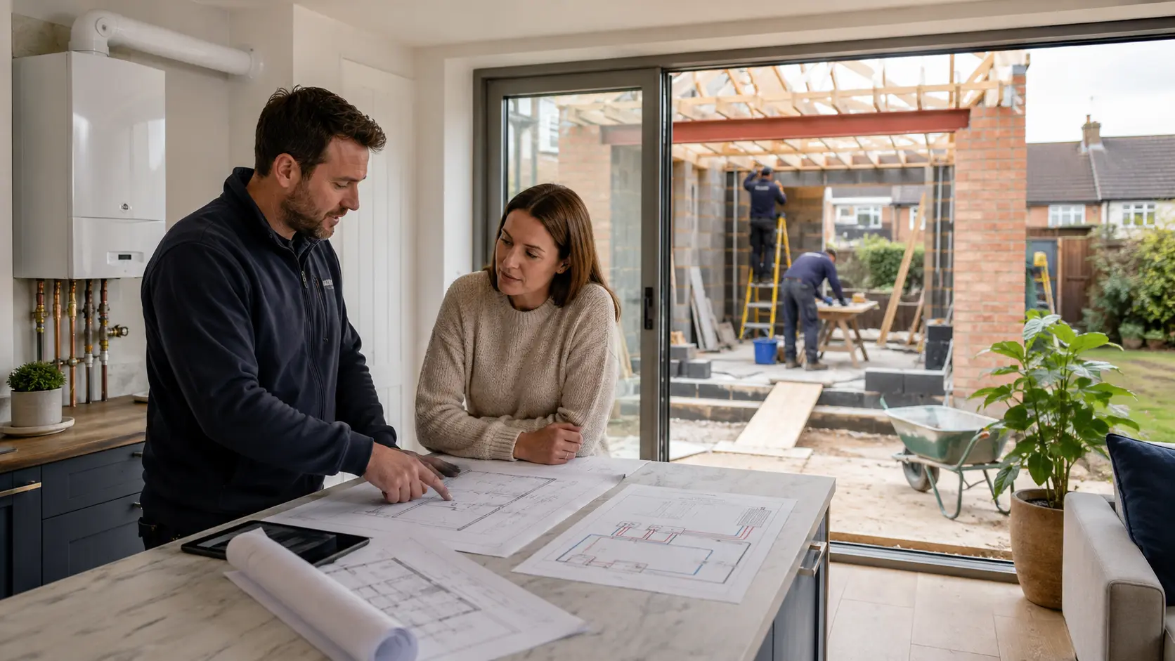 a heating engineer discussing boiler capacity with a homeowner while a rear extension is being built, helping illustrate why it's worth assessing your heating system during an extension project.