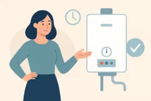 female small business owner looking at boiler. clock on the wall to suggest she's asking about time