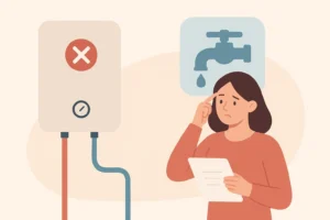 female homeowner looking at boiler with a speech bubble showing a tap dripping water
