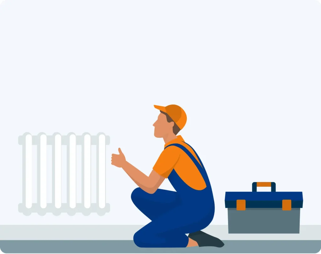 Gas Safe heating engineer inspecting a radiator in a Purewell, Christchurch home.
