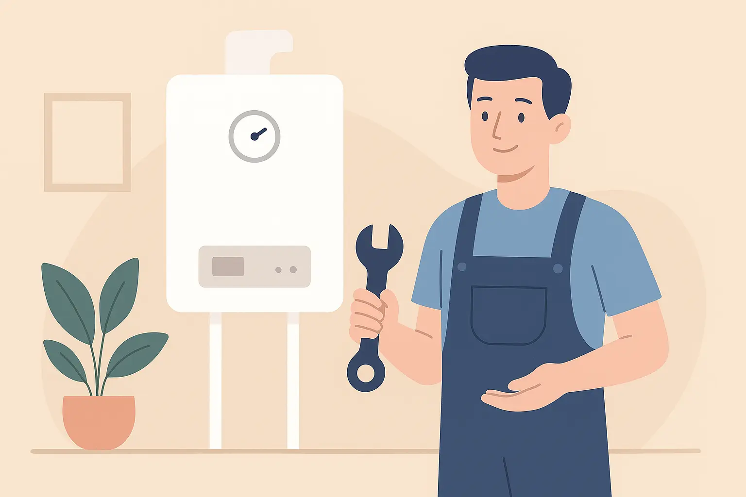illustration showing heating engineer and a boiler