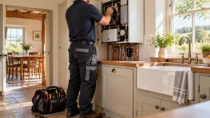 heating engineer servicing a boiler