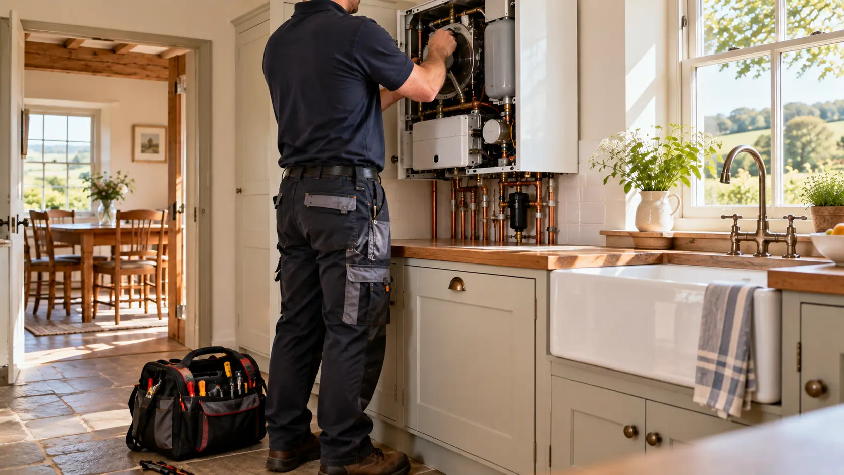 heating engineer servicing a boiler