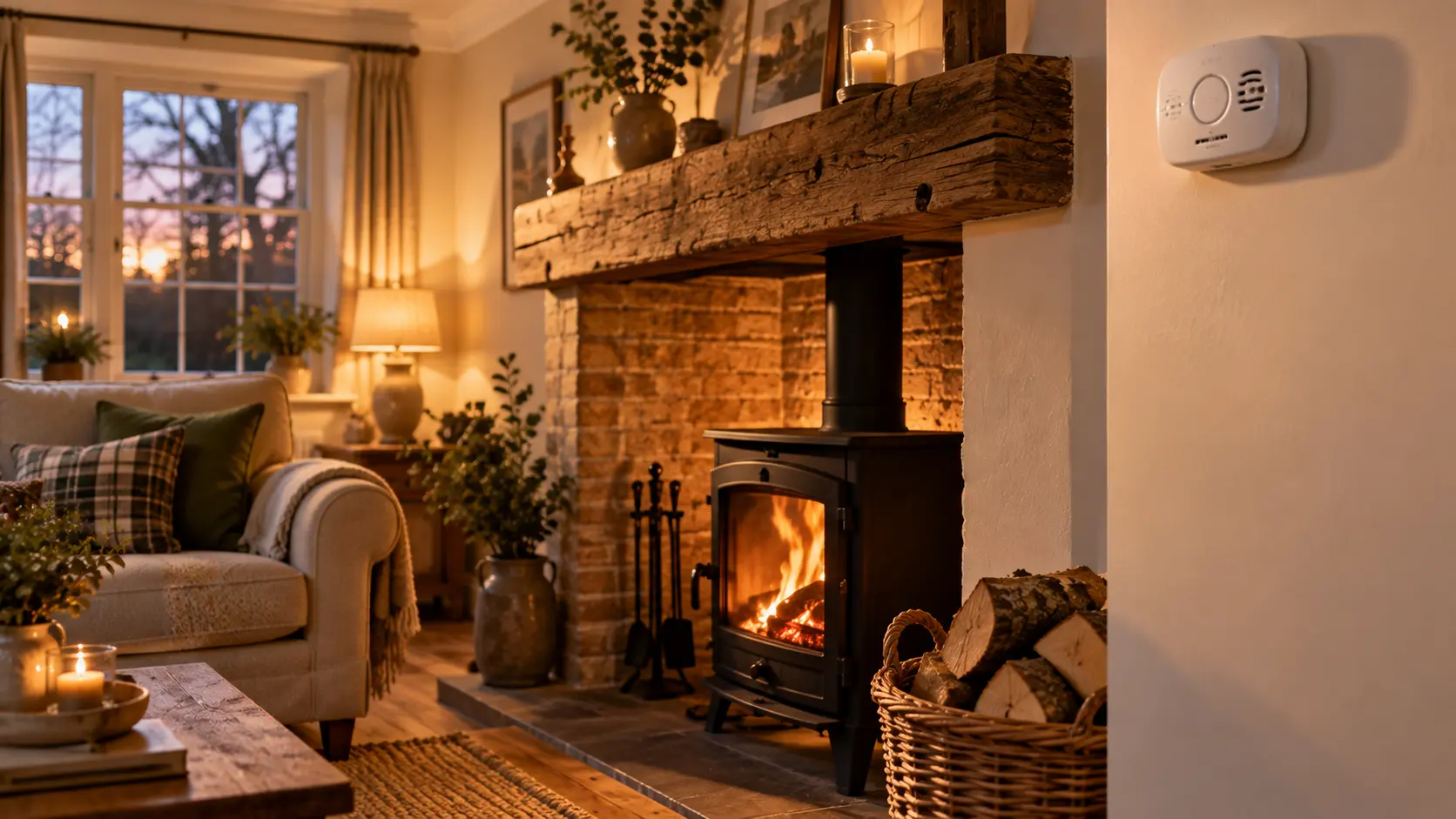 White carbon monoxide alarm mounted high on a cottage living room wall above a lit wood burner and stacked logs