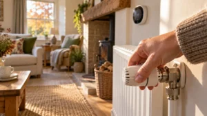 Hand adjusting a white thermostatic radiator valve in a bright cottage sitting room with a smart thermostat on the wall behind