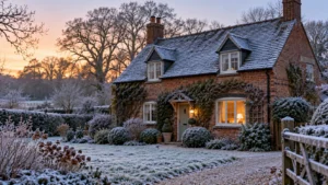 Quiet New Forest cottage on a frosty winter day with curtains half drawn and a soft warm glow from one window